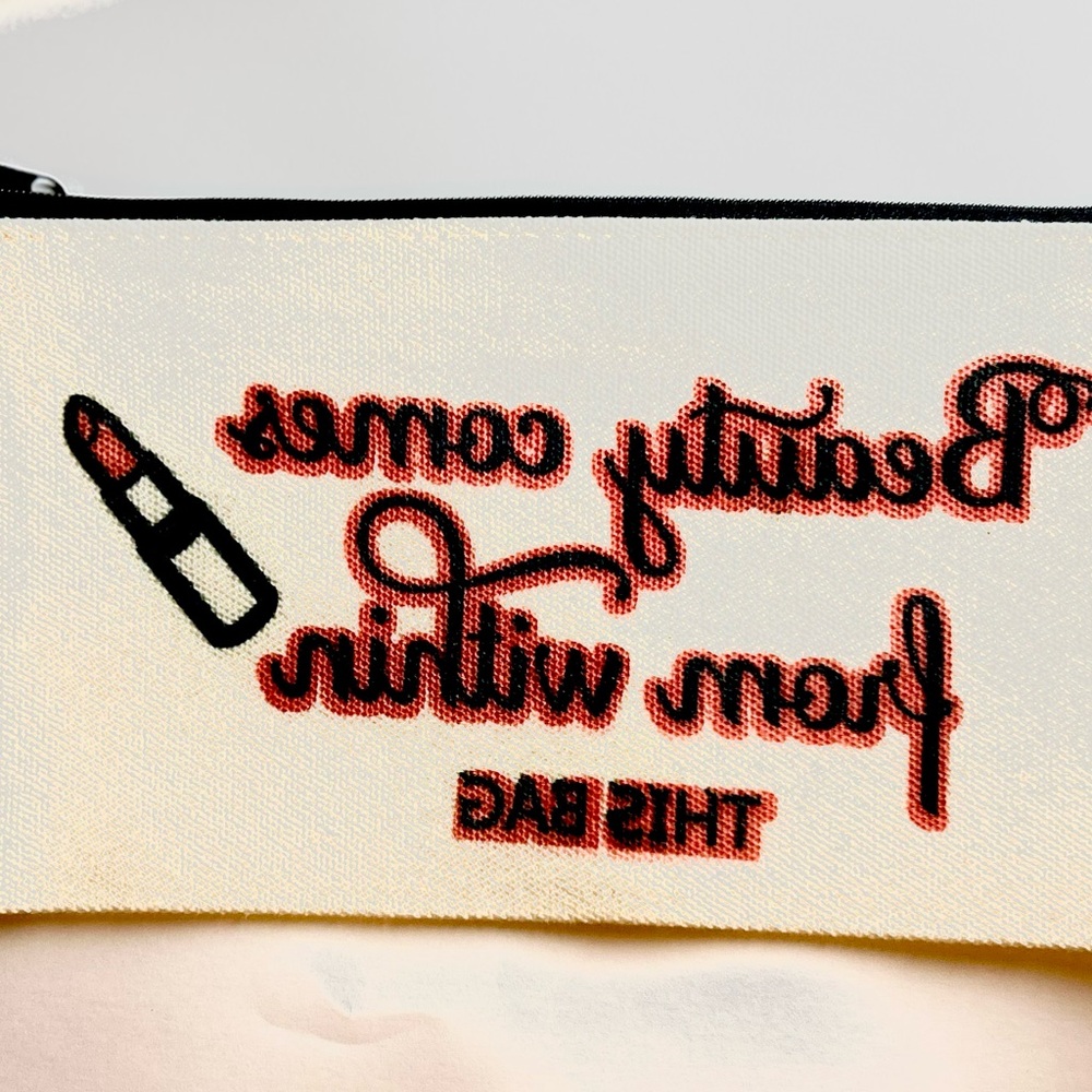 Cream Makeup Bag with Red Text
